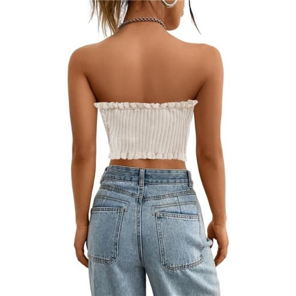 ✨ Knitted Strapless Crop Top | Ruffle Trim & Pearl Button Detail - Picture 2 of 6